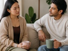 A reserved woman and her partner sit calmly together, with the partner listening attentively in a comfortable living room.
