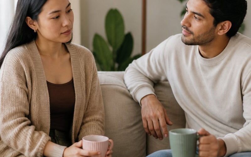 A reserved woman and her partner sit calmly together, with the partner listening attentively in a comfortable living room.