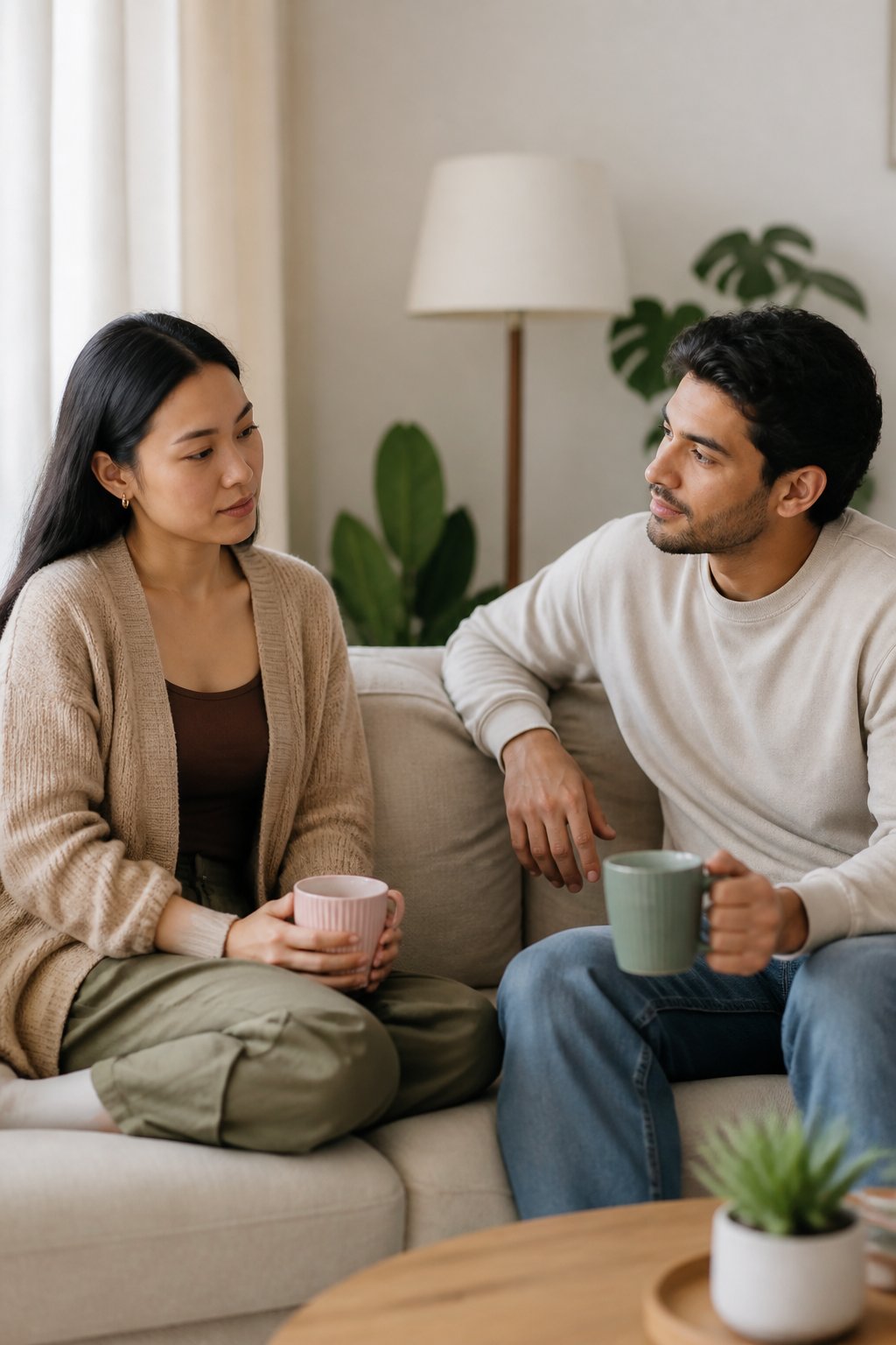 A reserved woman and her partner sit calmly together, with the partner listening attentively in a comfortable living room.