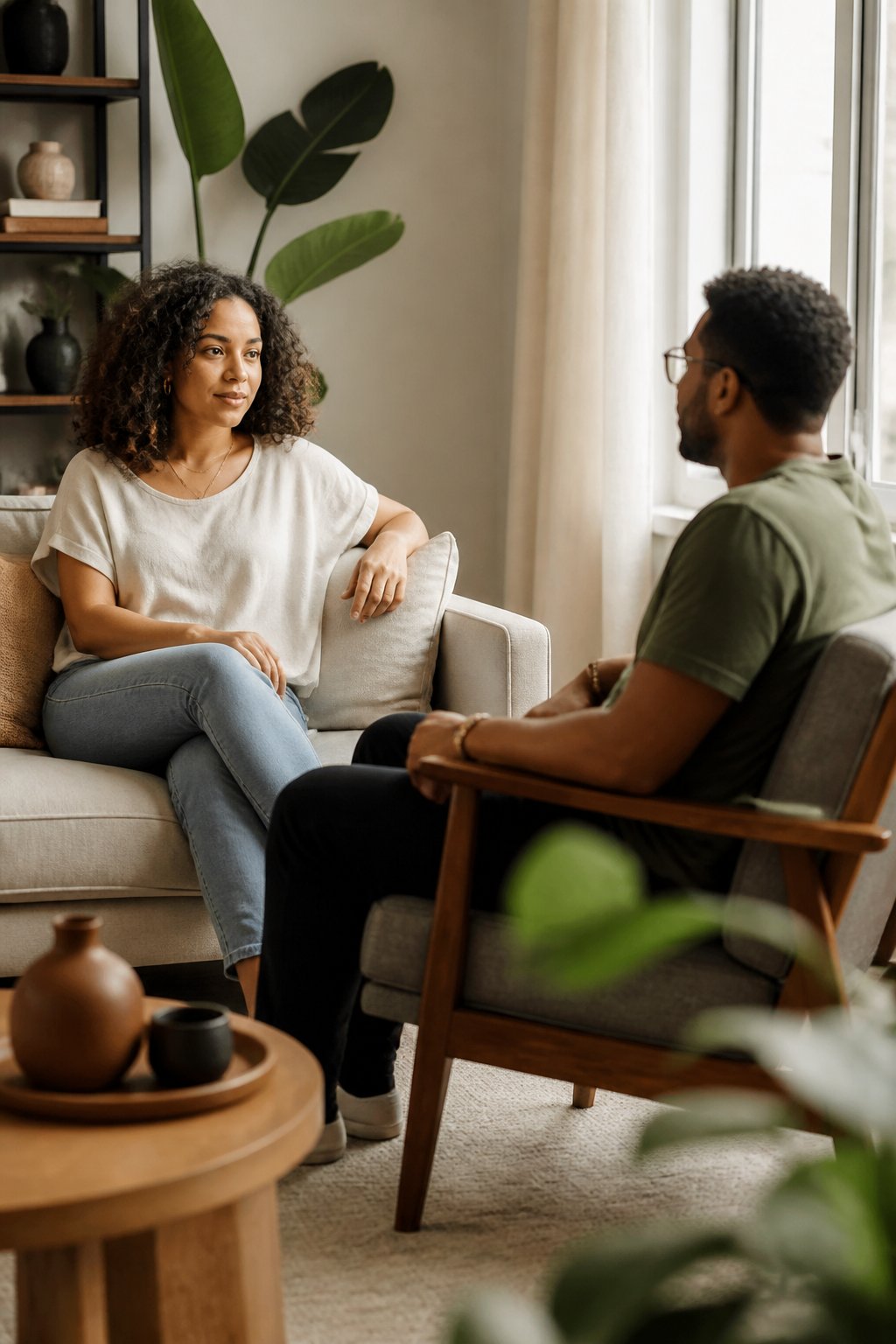 A woman and man sit comfortably apart in a bright living room while having a calm, respectful conversation.