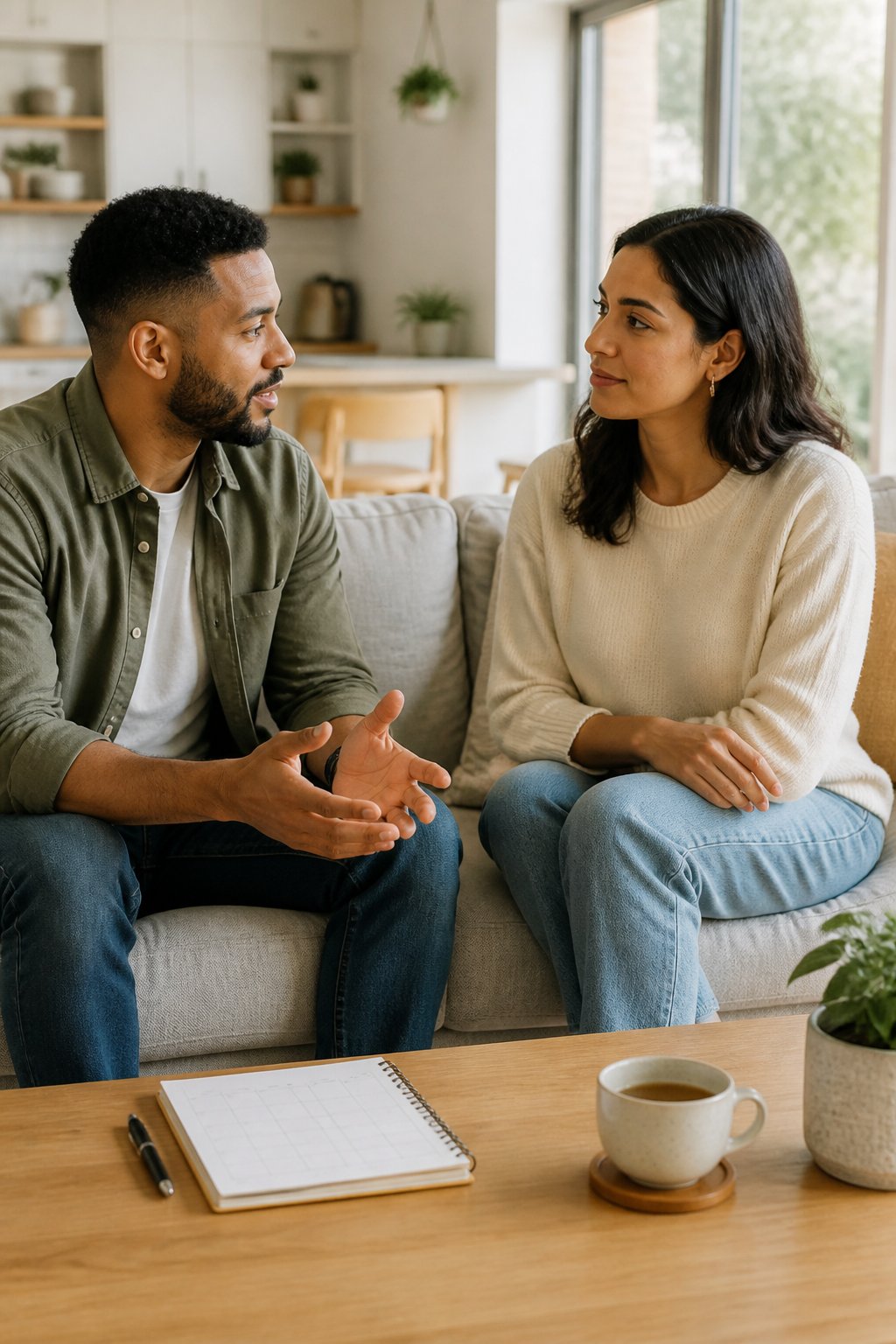 A couple sits together calmly in a bright living room, listening to each other with relaxed and respectful body language.