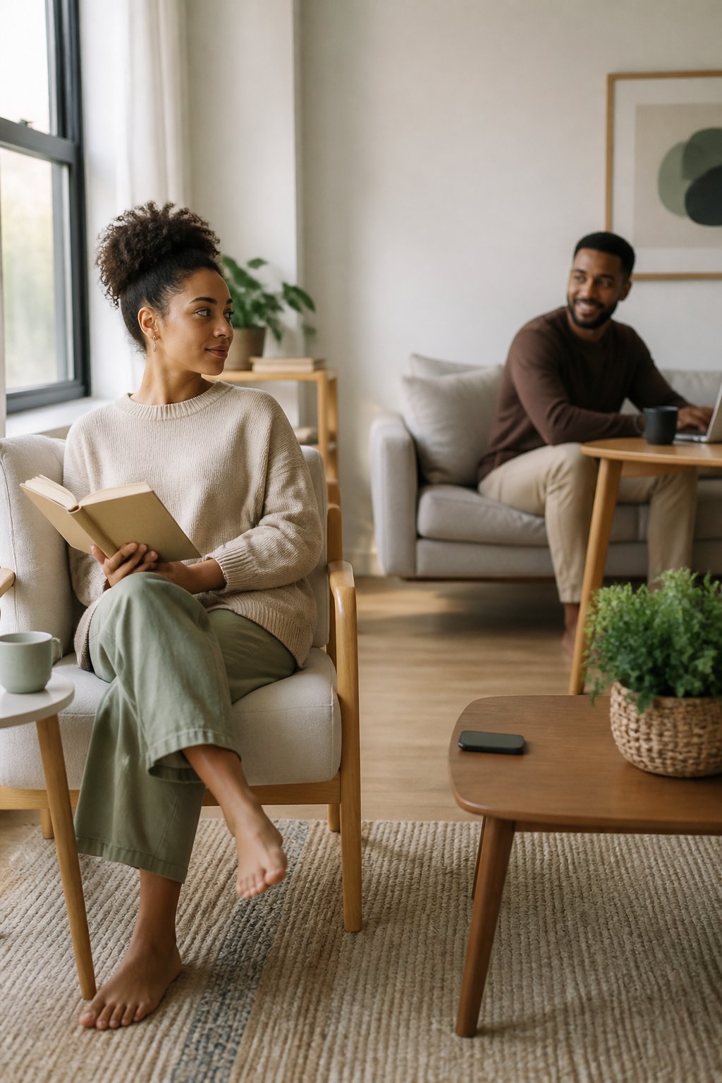 A couple relaxes in the same room while giving each other comfortable personal space.