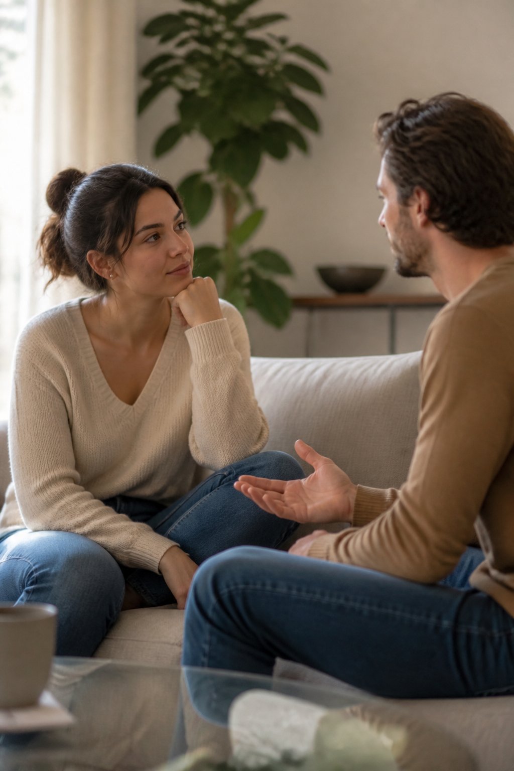 A couple sits comfortably in a softly lit room while one listens attentively as the other speaks.
