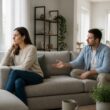 A married couple sits apart in a living room, with the wife looking away while the husband appears concerned.