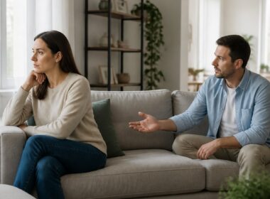 A married couple sits apart in a living room, with the wife looking away while the husband appears concerned.