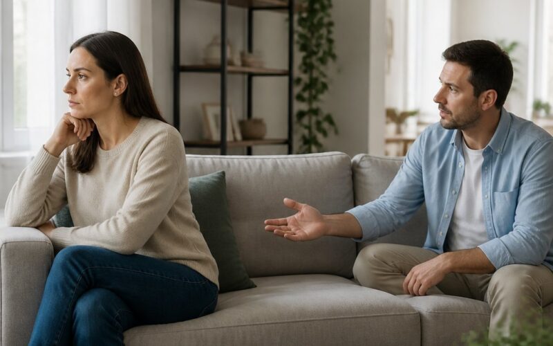 A married couple sits apart in a living room, with the wife looking away while the husband appears concerned.