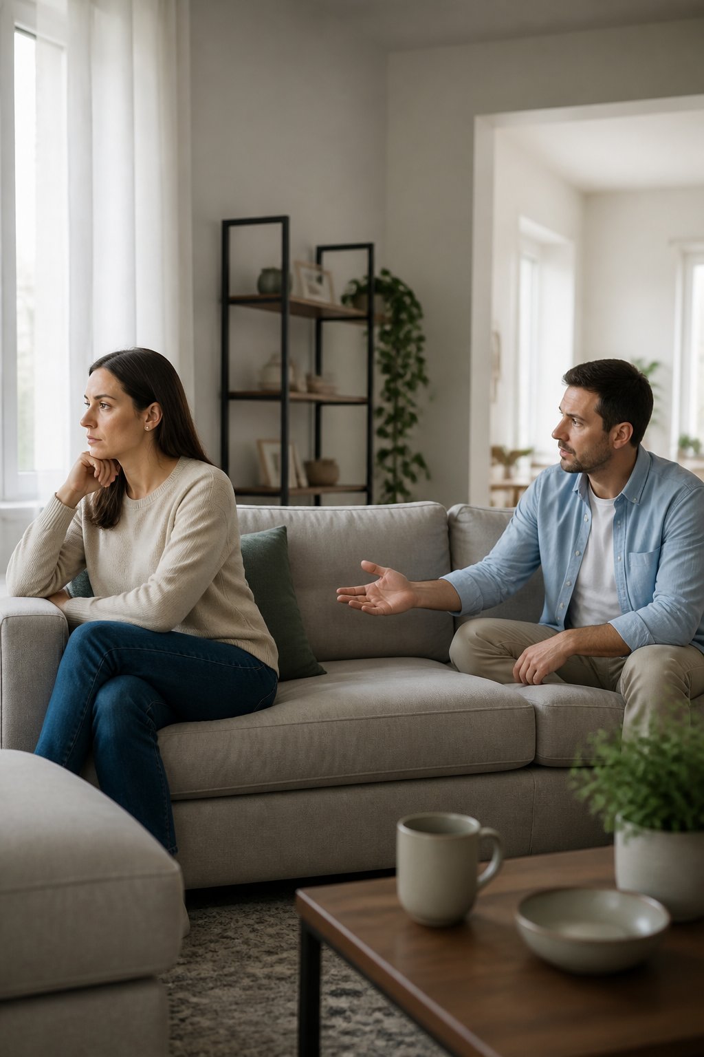 A married couple sits apart in a living room, with the wife looking away while the husband appears concerned.