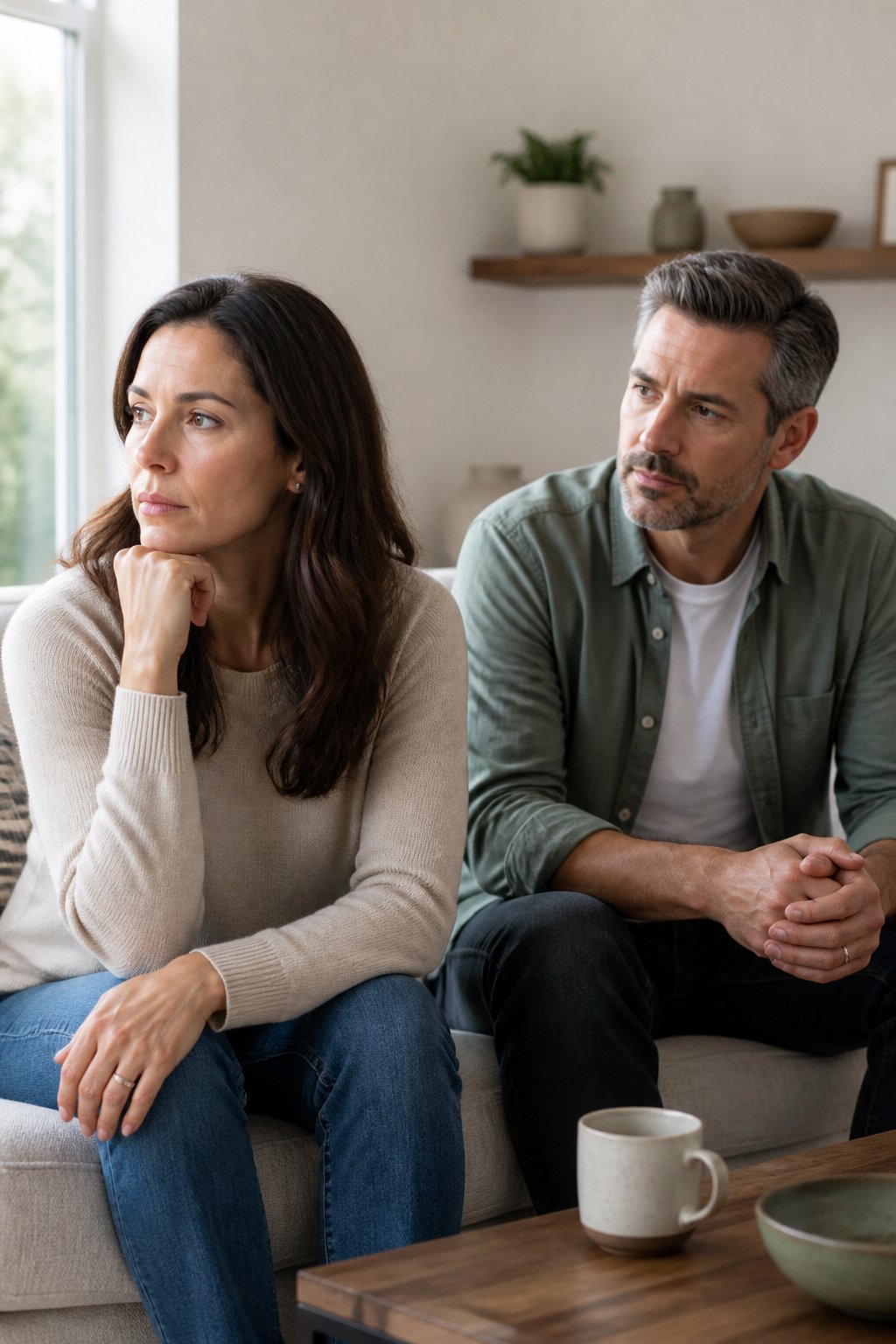 A married couple sits apart in a softly lit living room, appearing thoughtful and emotionally distant.