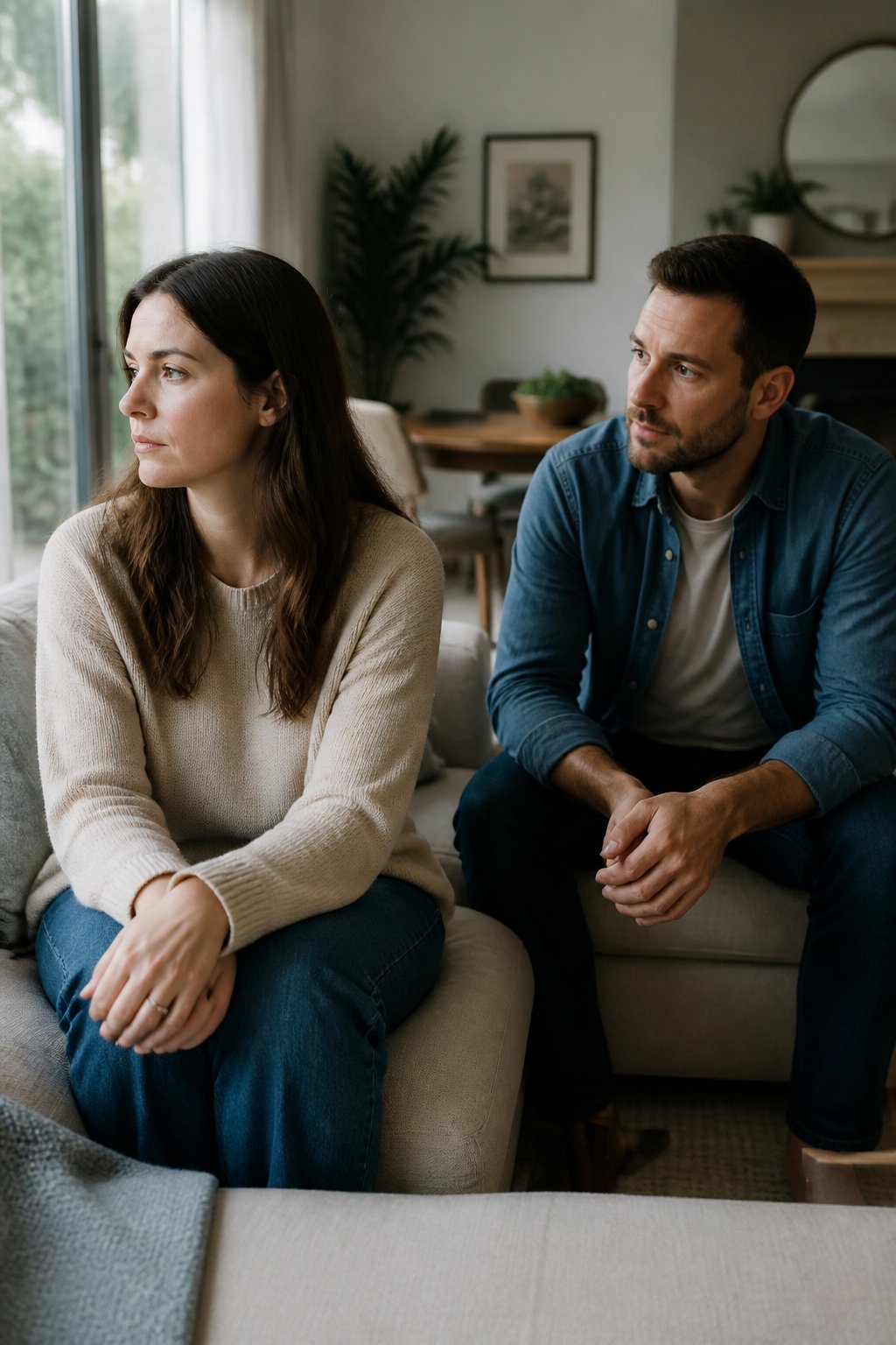 A married couple sits apart in a softly lit living room, with the wife appearing guarded and the husband looking concerned and patient.