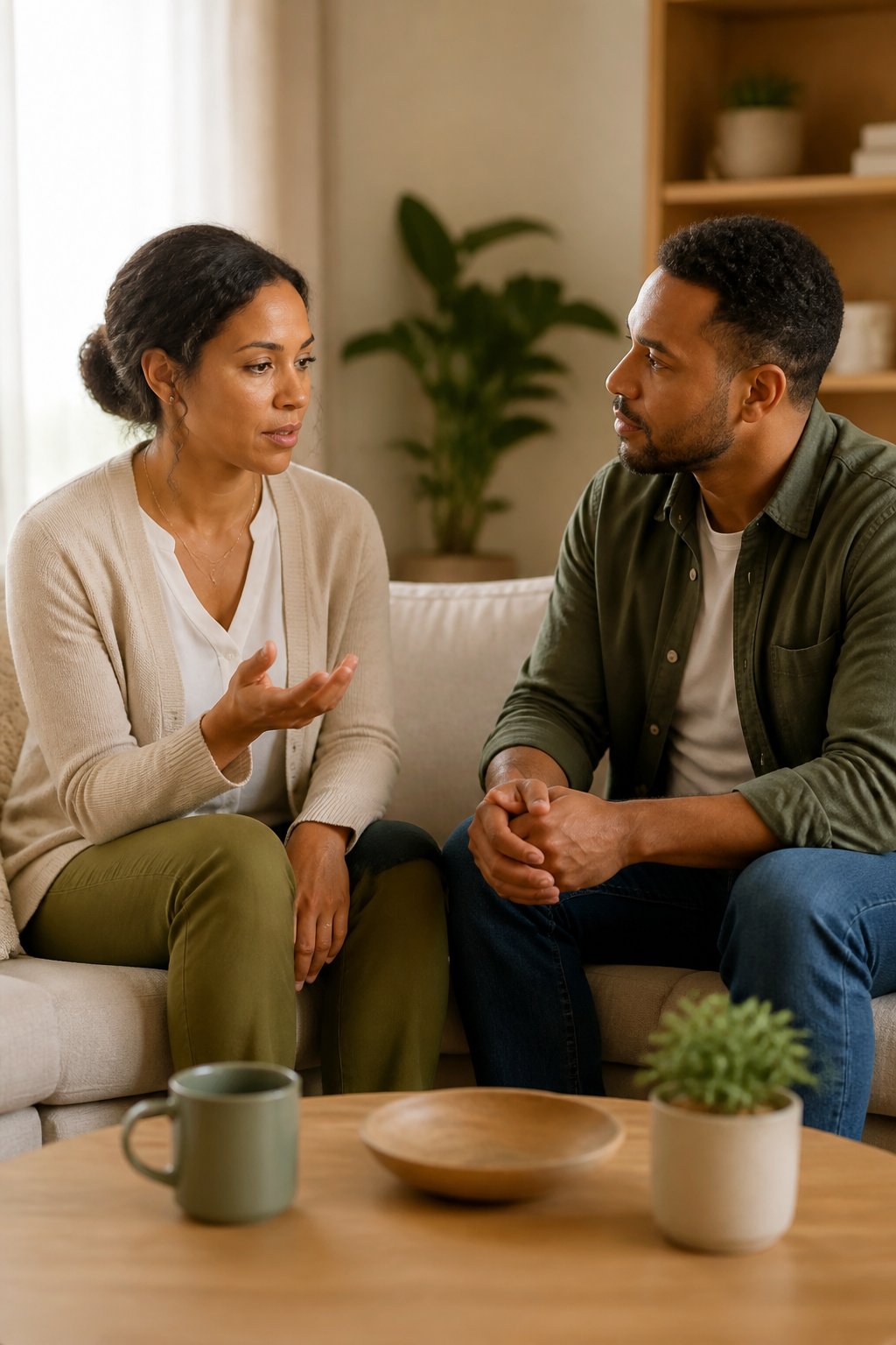 A married couple sits together in a living room, calmly discussing their feelings while one partner listens attentively.