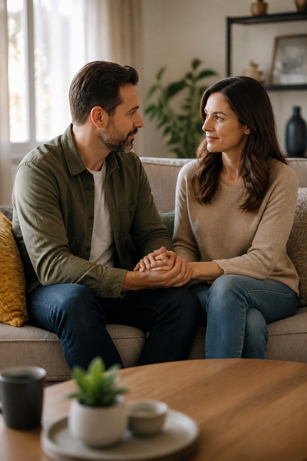 A married couple sits closely on a sofa, gently holding hands as they cautiously reconnect.