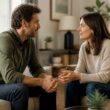 A married couple sits across from each other in a warmly lit living room, having a calm and attentive conversation.