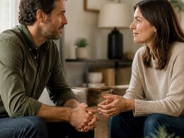 A married couple sits across from each other in a warmly lit living room, having a calm and attentive conversation.