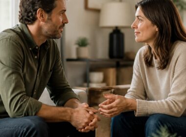 A married couple sits across from each other in a warmly lit living room, having a calm and attentive conversation.
