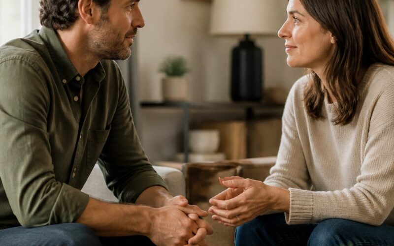 A married couple sits across from each other in a warmly lit living room, having a calm and attentive conversation.