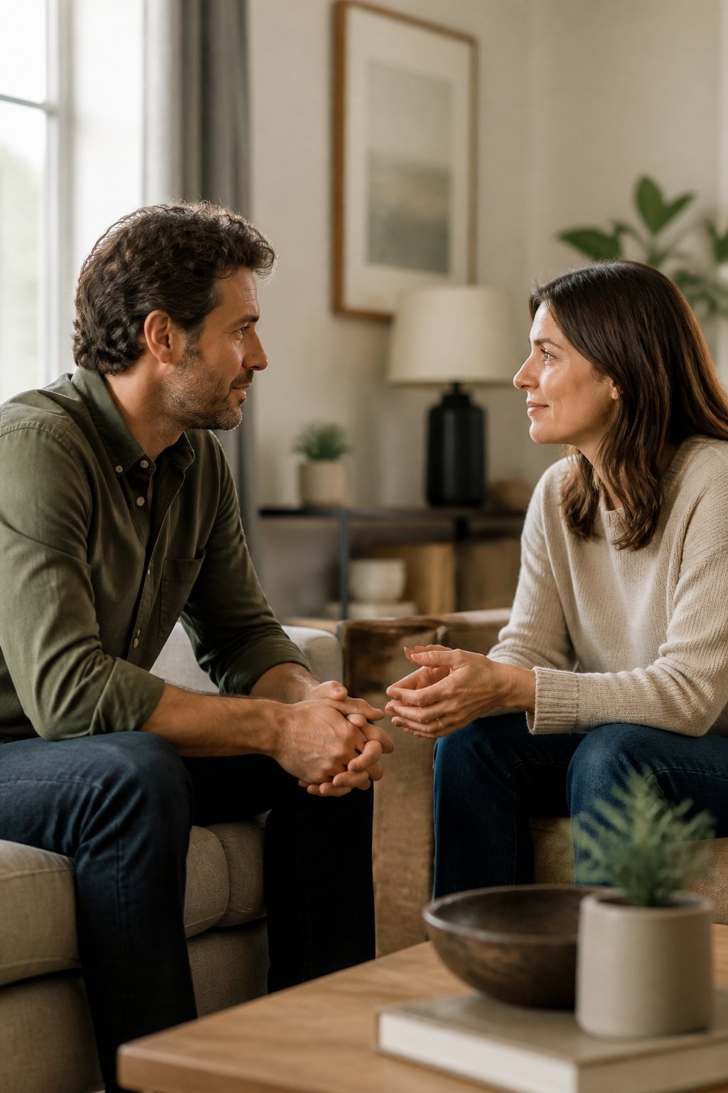 A married couple sits across from each other in a warmly lit living room, having a calm and attentive conversation.