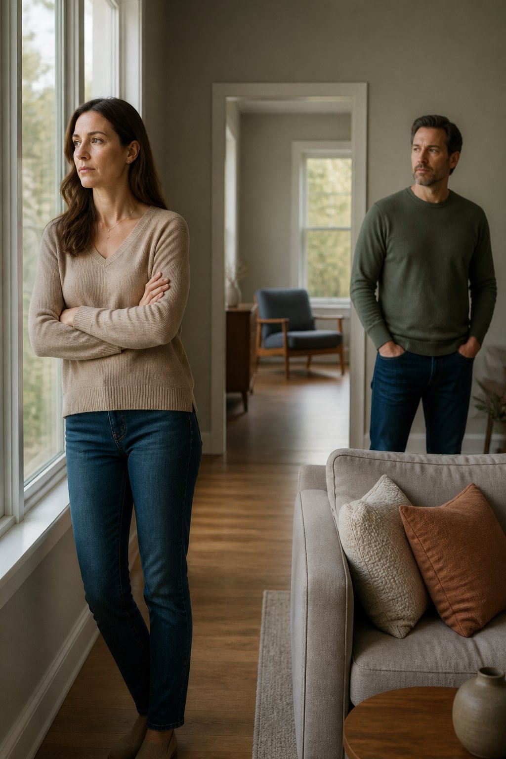 A married couple stands apart in a softly lit home, reflecting on their emotional distance.
