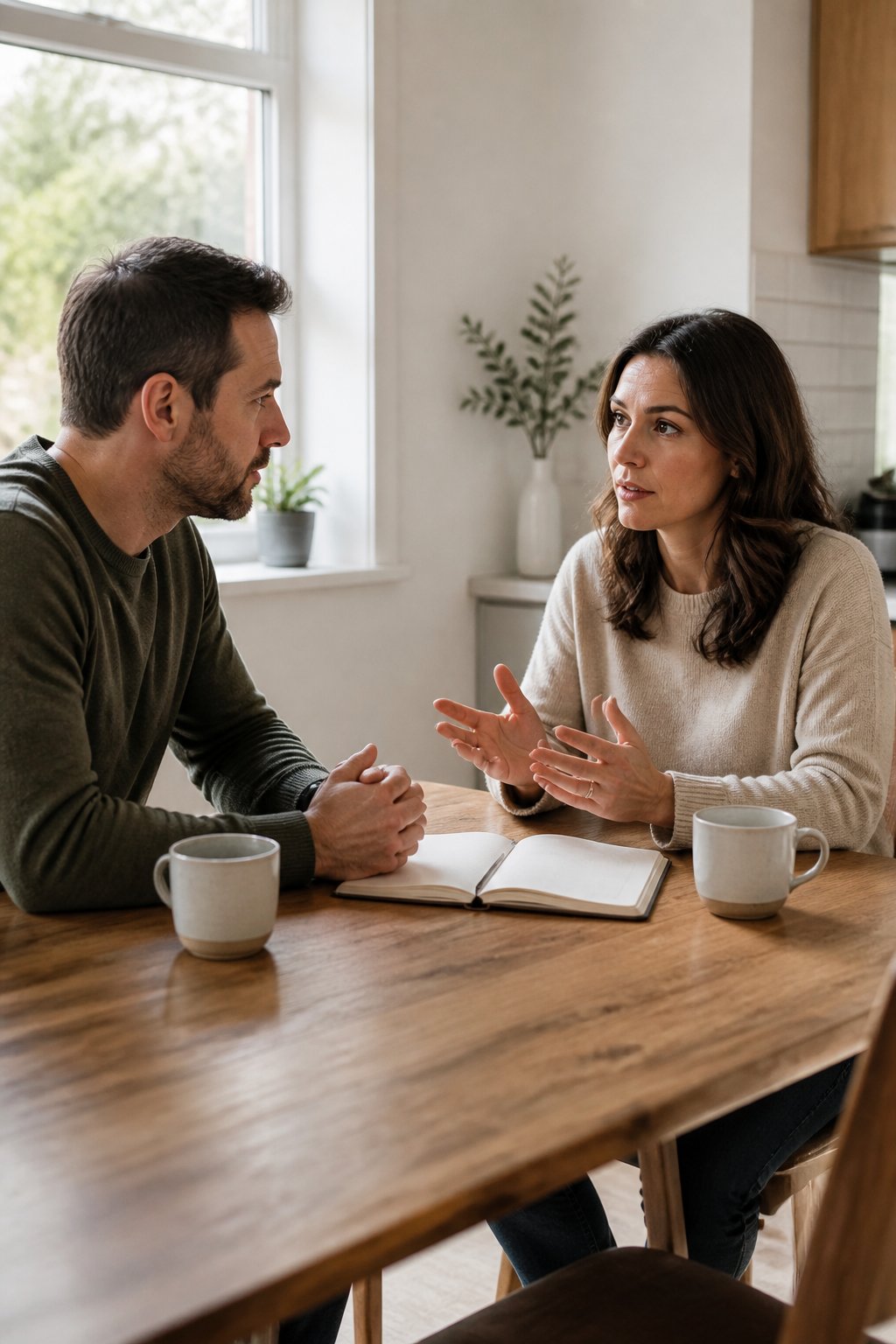 A married couple sits across from each other at a kitchen table having a serious, respectful conversation.