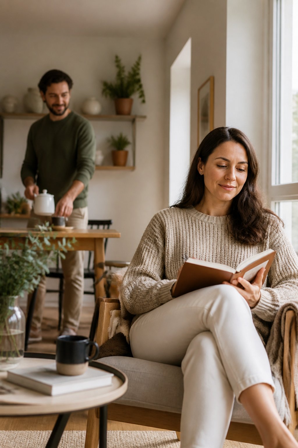 A married couple peacefully occupying separate spaces in the same bright living room, with one partner reading and the other nearby.