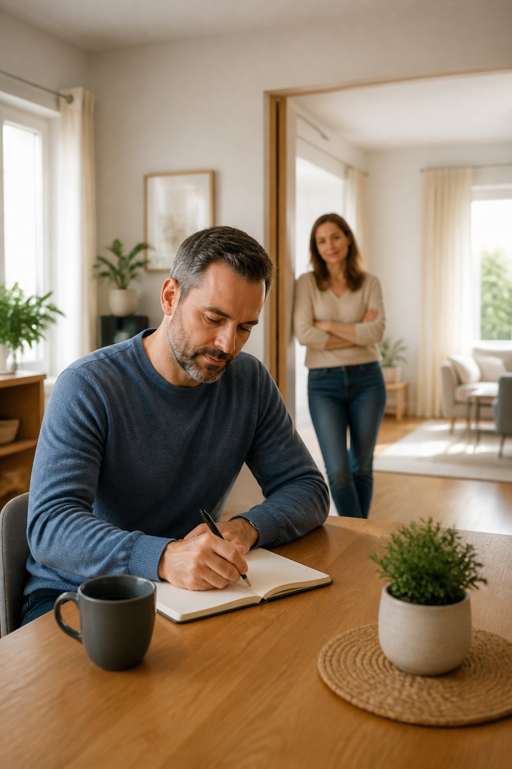 A thoughtful man journals at a kitchen table while a woman stands calmly near an open doorway in the background.